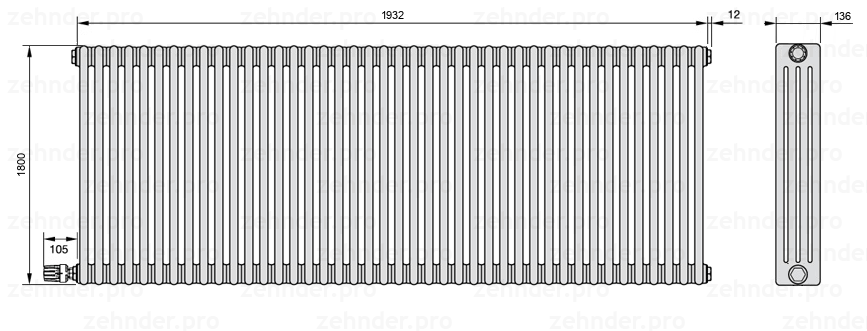 Схема (чертеж) Радиатор Zehnder Charleston 4180/42 №V004 Белый глянцевый RAL 9016